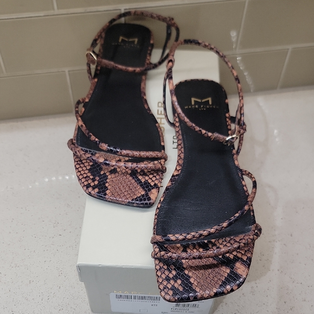 Marc Fisher Strappy Snake Print Sandals - Black and Tan